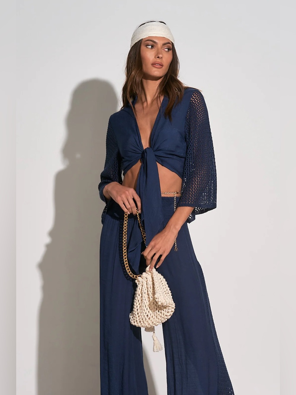 Elan Navy Mesh-Sleeve Tie-Front Cover-Up Set